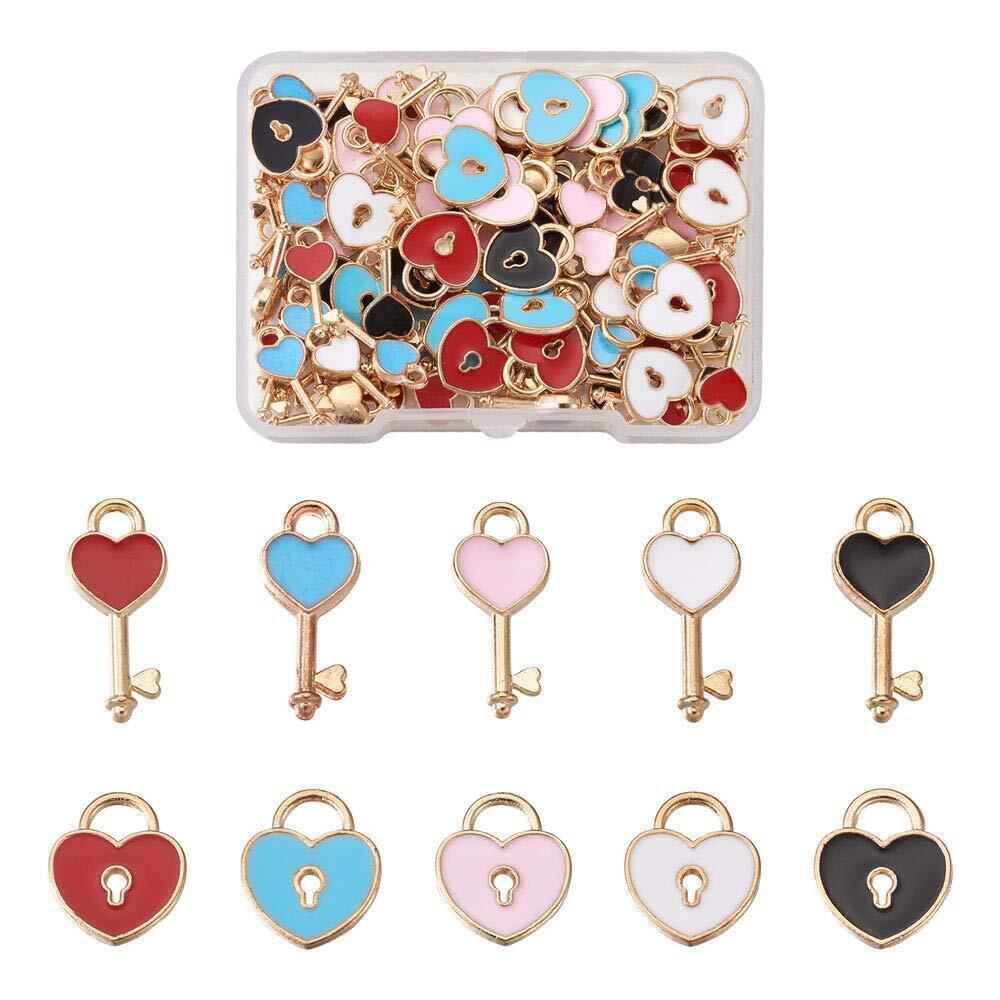 5219 Beadthoven 100pcs Alloy Enamel Heart Key Lock Charm Pendants Light